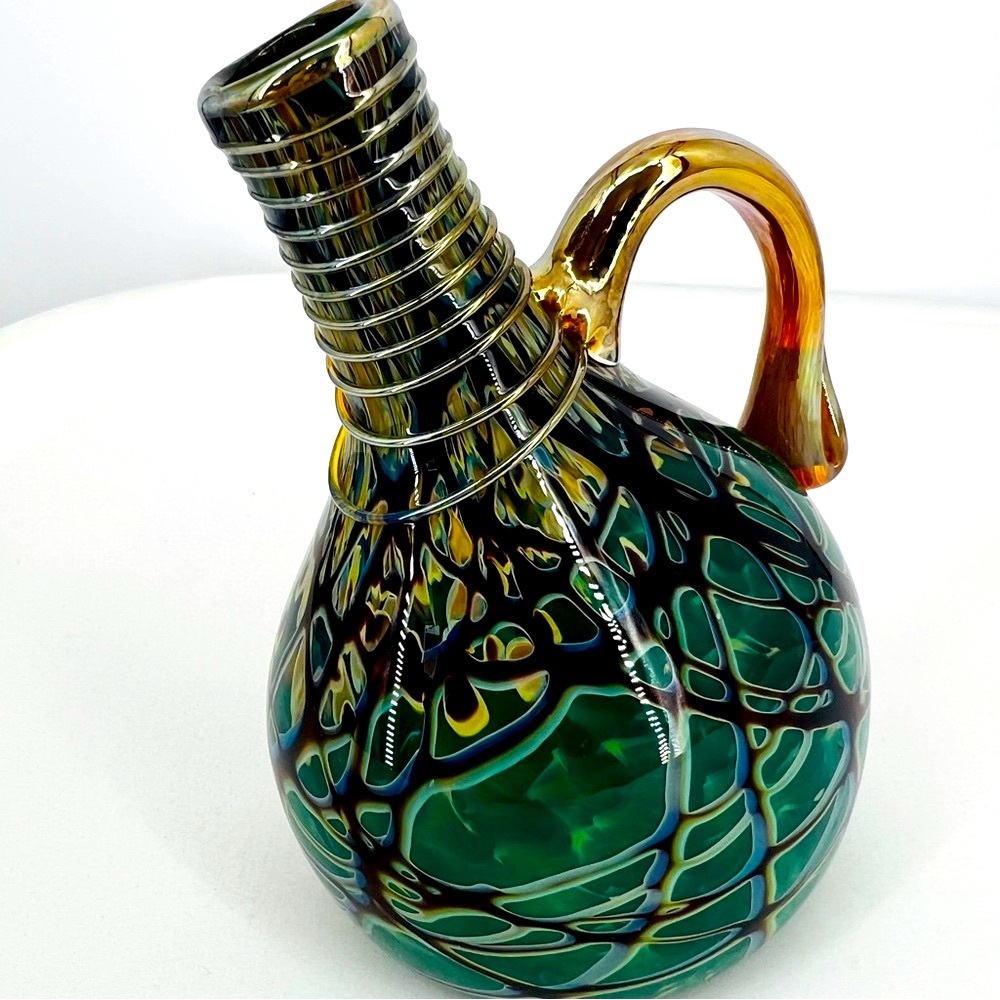 Handblown Art Glass Pitcher Signed BWN Emerald Green Iridescent Murano Style